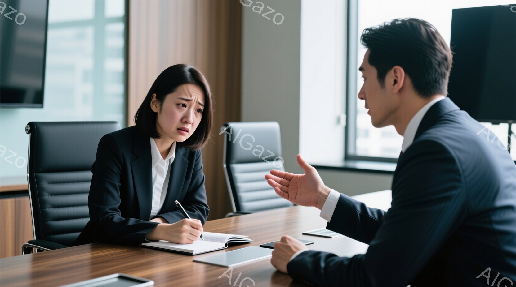 一人の女性と男性が会議室で向かい合って座っています。女性は黒いスーツを着ており、少し困惑した表情でノートに何かを書き込もうとしています。男性はまた黒いスーツを着ており、何かを説明しているように手を広げて話しています。