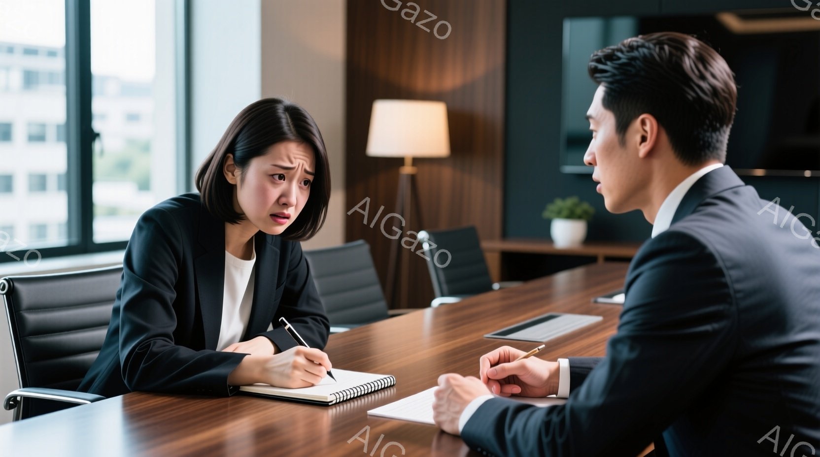 室内では、女性と男性が会議テーブルを挟んで向かい合っている。女性は黒いスーツを着ており、困惑した表情でメモを取り、男性はグレーのスーツを着て、何かを説明しているようだ。背景には窓があり、都市の建物が見え、室内は明るく、ビジネスライクな雰囲気である。