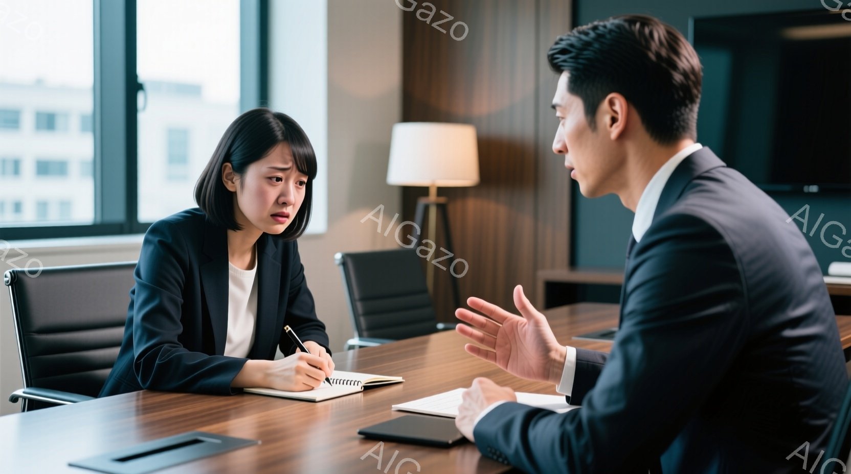 一人の女性と一人の男性が会議室で対面している。女性は黒いジャケットと白いシャツを着ており、髪は後ろにまとめていて、やや困った表情をしている。男性はスーツを着て身振り手振りを交えながら話しており、女性はメモを取っている様子から、面接または相談の場面であることが推測できる。