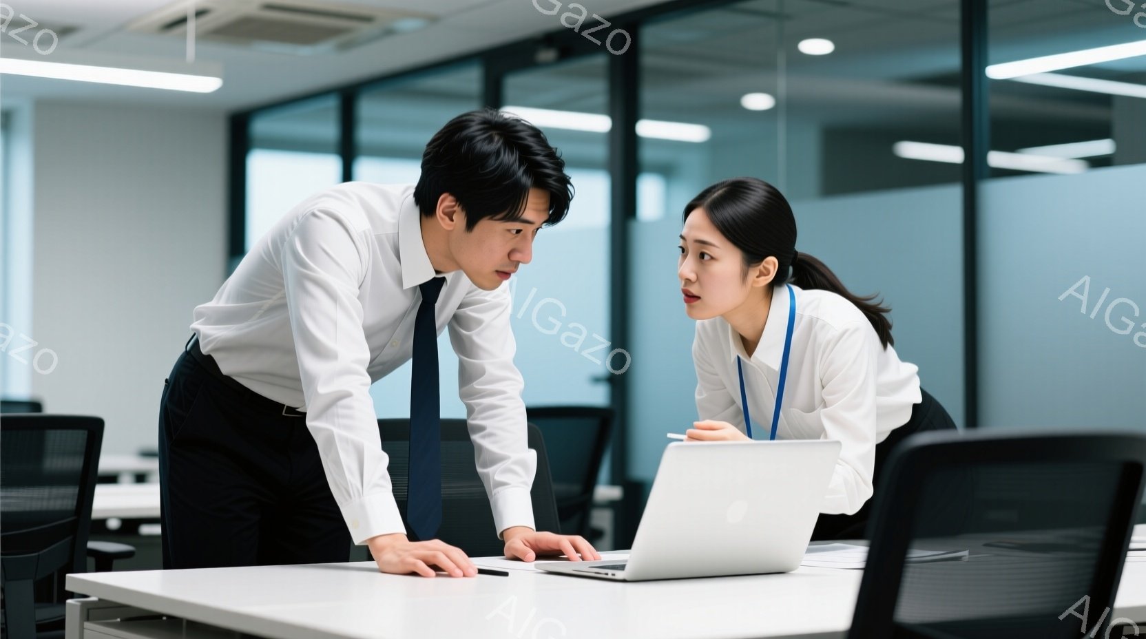 オフィスでノートパソコンを見ている男女が写っています。男性は白シャツに黒いズボンを着用し、少し前かがみの姿勢で、真剣な表情で画面を見ています。女性は白シャツに黒いズボン、首から身につけたIDカードを付けており、男性と同様に画面に集中した様子です。