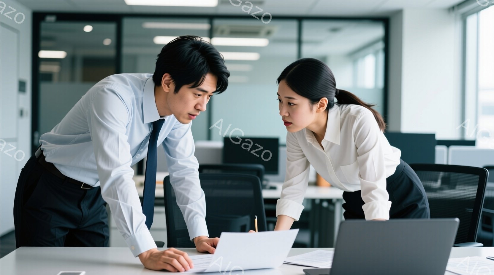 ビジネスシーンの室内で、男性と女性が書類を前にかがんで確認しています。男性は紺色のスーツにネクタイ、女性は白いブラウスに黒いスカートを着用し、真剣な表情で書類を指し示しています。背景にはオフィス内のデ - AI生成フリー素材