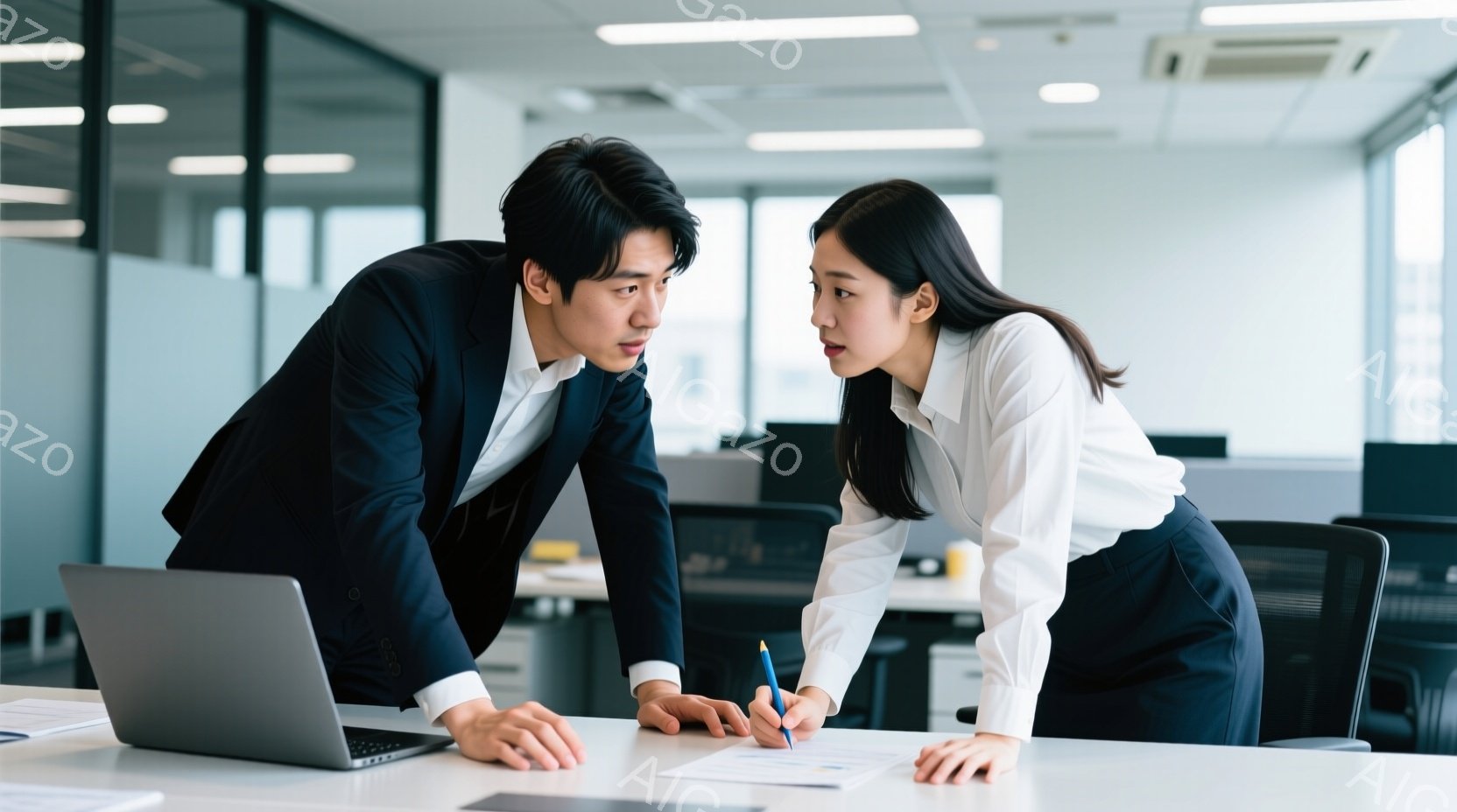 スーツ姿の男性と女性が、オフィスでパソコンと書類を見ながら会話しています。男性はネクタイを締め、指で画面を指し示し、女性はペンを持ち、やや真剣な表情で書類を見下ろしています。背景には他のデスクやオフィス機器が見え、明るく清潔な雰囲気のオフィス空間です。