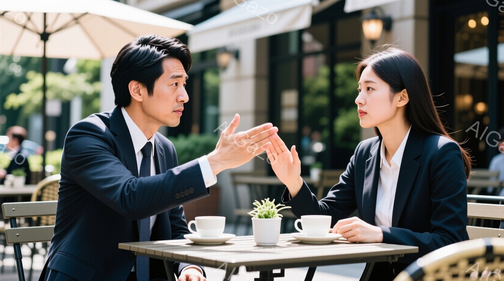 ビジネススーツを着た男女がカフェの屋外席で向かい合って座っており、男性は片手を伸ばして何かを説明しているようなジェスチャーをしています。女性は少し眉をひそめ、男性の話にやや疑問を呈しているような表情をしています。背景にはカフェのパラソルや建物が見え、晴れた日の穏やかな雰囲気が漂っています。