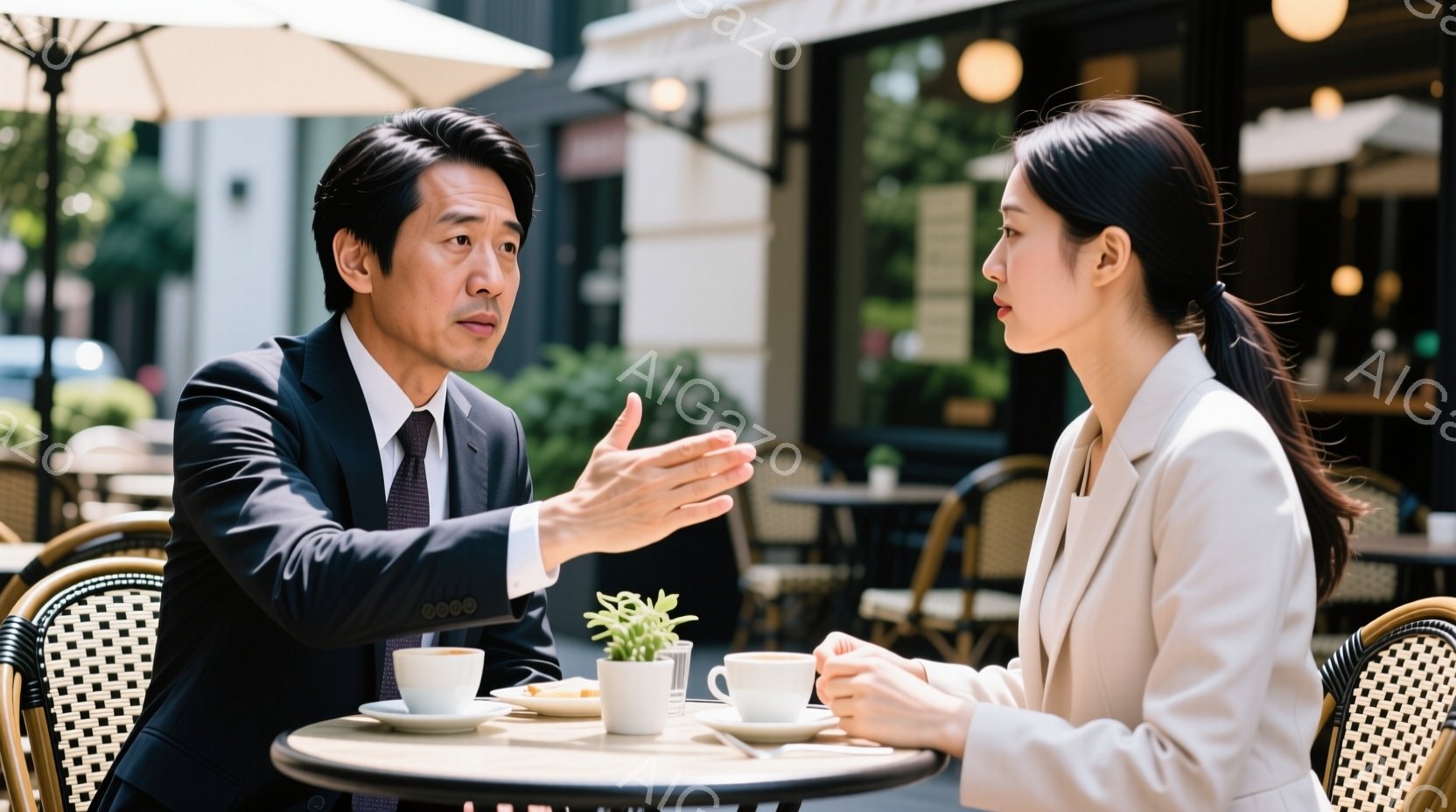 屋外カフェでテーブルを挟んで向かい合って座る男女が写っている。男性はダークスーツにネクタイ姿で、片手を広げて何かを説明している様子で、表情は真剣だ。女性はライトグレーのジャケットを着て髪を後ろでまとめ - AI生成フリー素材