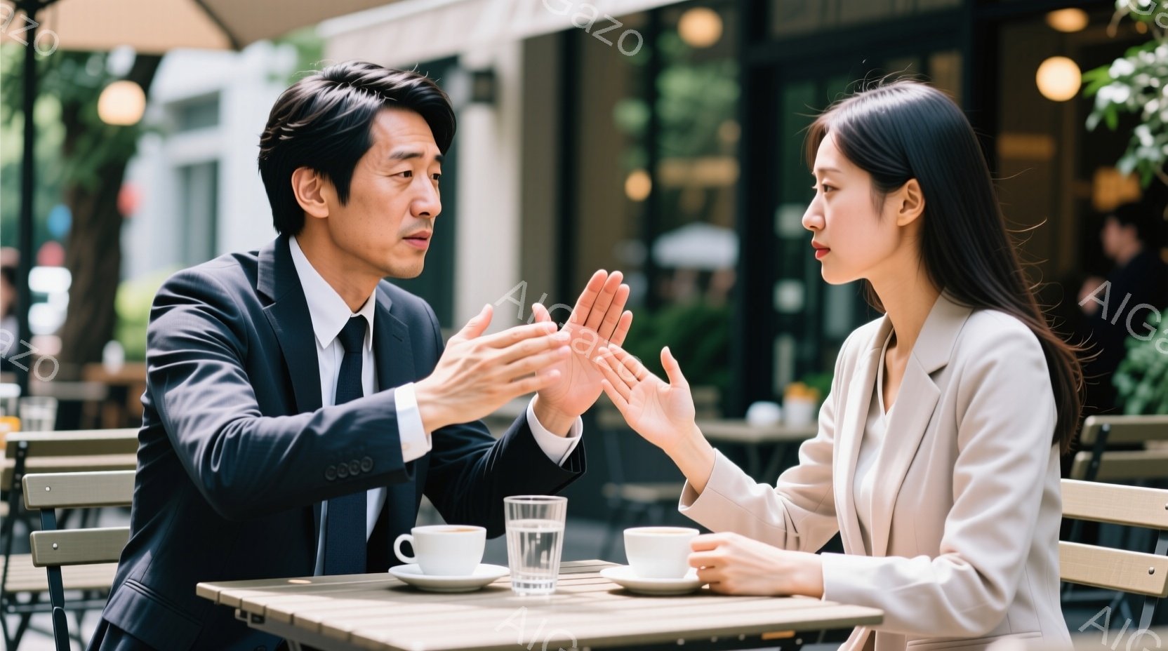 紺色のスーツにネクタイを締めた男性と、ベージュのジャケットを着た女性が、屋外のカフェで向かい合って座っている。男性は両手を広げて何かを説明しているようなジェスチャーをしており、女性は少し眉をひそめ、相 - AI生成フリー素材