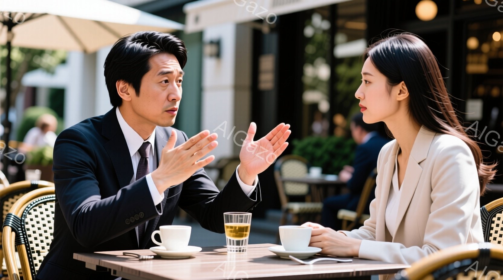 屋外カフェで向かい合って座る男女が写っています。男性は濃い紺色のスーツに赤いネクタイ、整髪された髪型で、両手を広げて何かを説明しているようなジェスチャーをしています。女性はオフホワイトのジャケットを着ており、髪を後ろにまとめたストレートヘアで、少し真剣な表情で男性の話を聞いています。