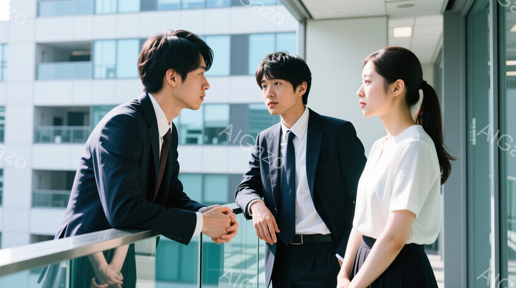 紺色のスーツを着た二人の男性と、白いブラウスとスカートの女性がバルコニーに立っている。男性たちは向かい合って会話をしているようで、真剣な表情をしている。背景には近代的な建物が見え、晴れた日の穏やかな雰 - AI生成フリー素材