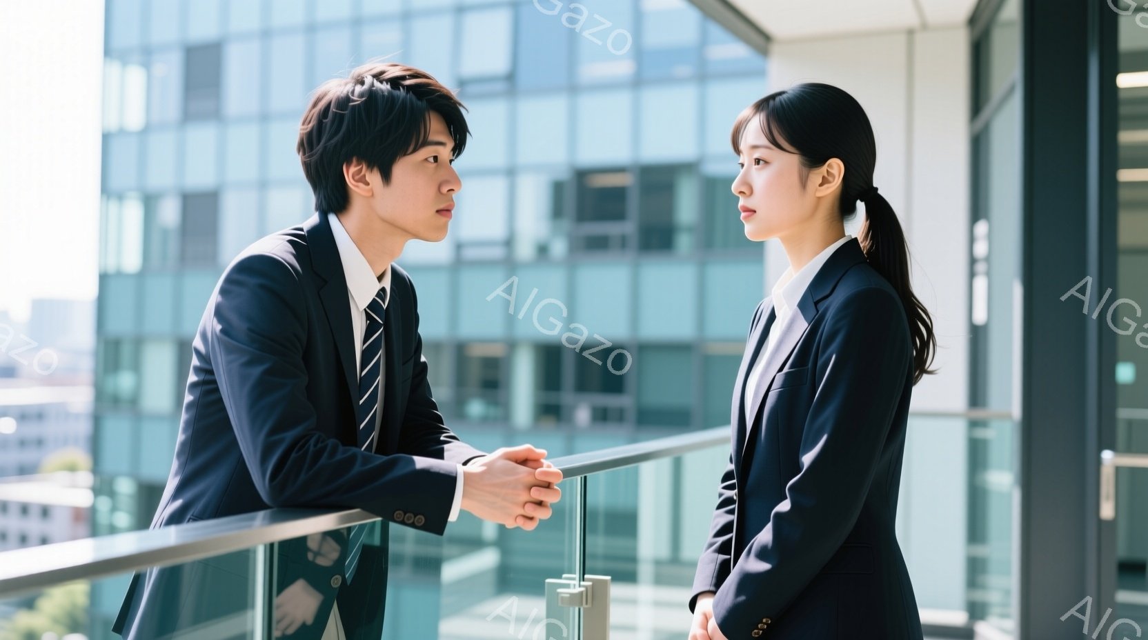 スーツ姿の男女がバルコニーで握手をしている。男性は黒髪で、真剣な表情で相手を見つめている。背景には高層ビル群が広がり、晴天の空が広がっているため、ビジネスシーンの重要な瞬間を捉えた、洗練された雰囲気である。