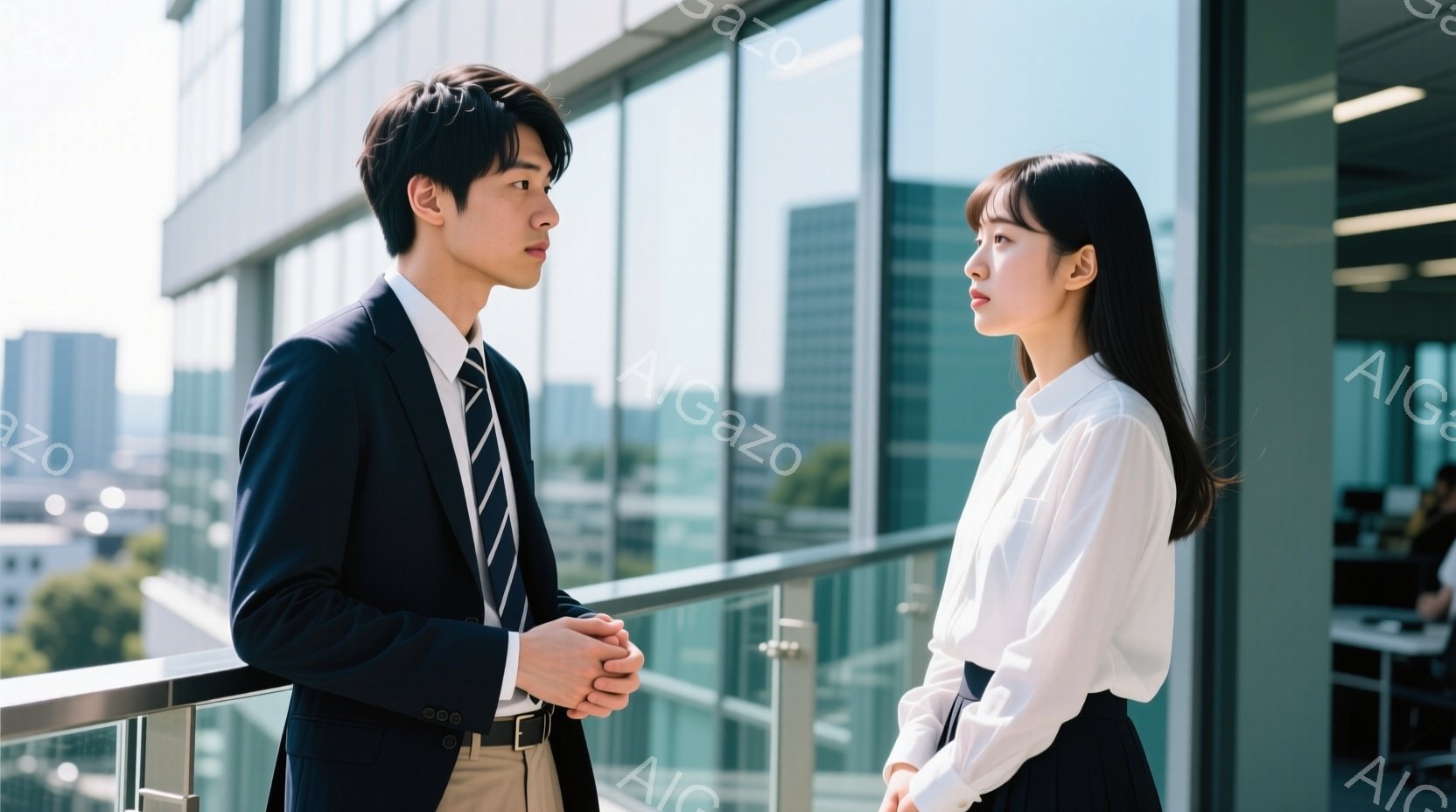バルコニーのような場所で向き合って立つ若い男女が写っています。男性はネクタイとテーラードジャケットを着ており、腕を組んで少し真剣な表情をしています。女性は白いブラウスと黒いスカートを着て、少しうつむき - AI生成フリー素材