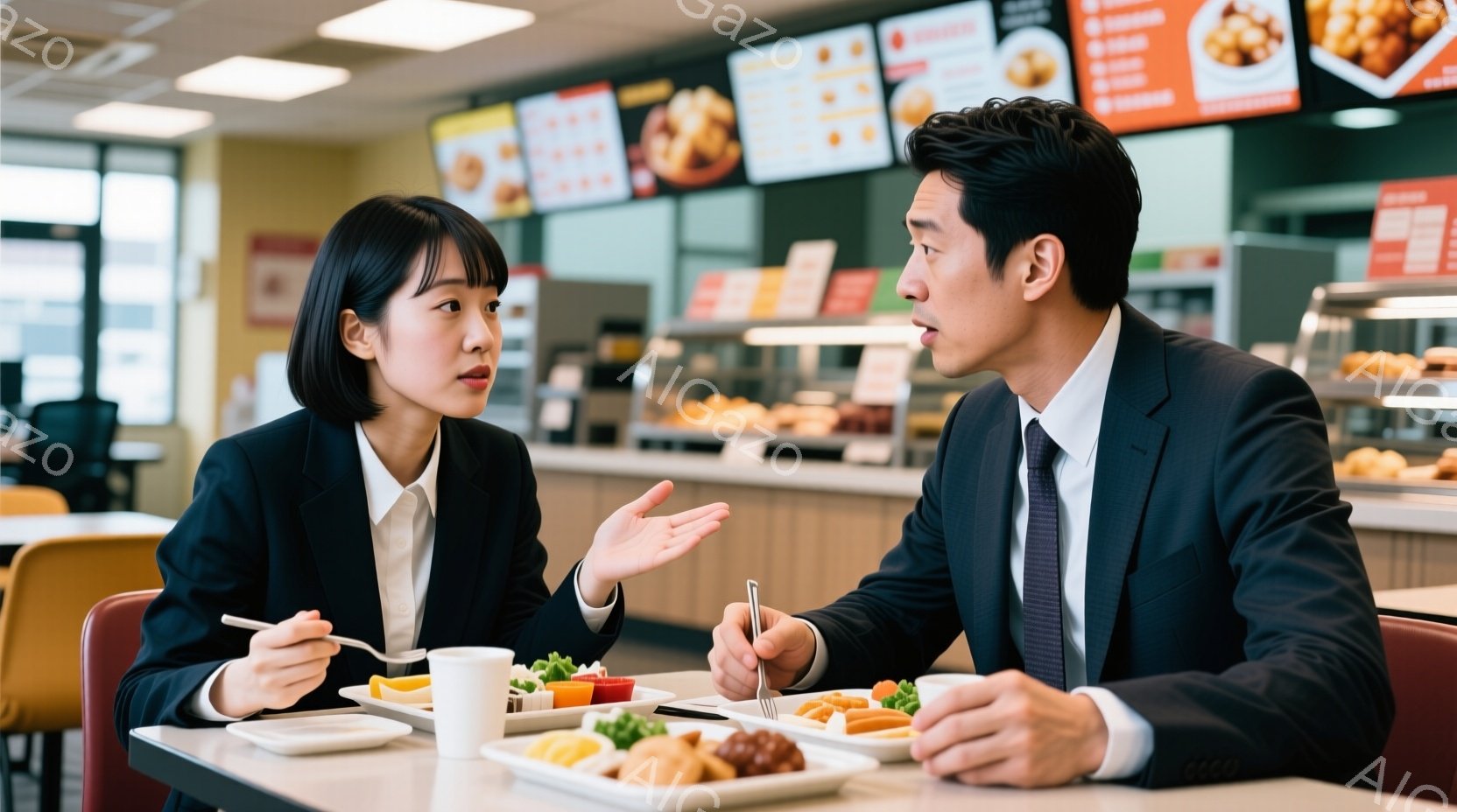 カフェの中で仕事上の話をする男女。男性はスーツ、女性はビジネス系の服装。表情は沈んだ様子。コンバーに食べ物があり、周囲にはカフェの看板や内装を見ることができる。 - AI生成フリー素材