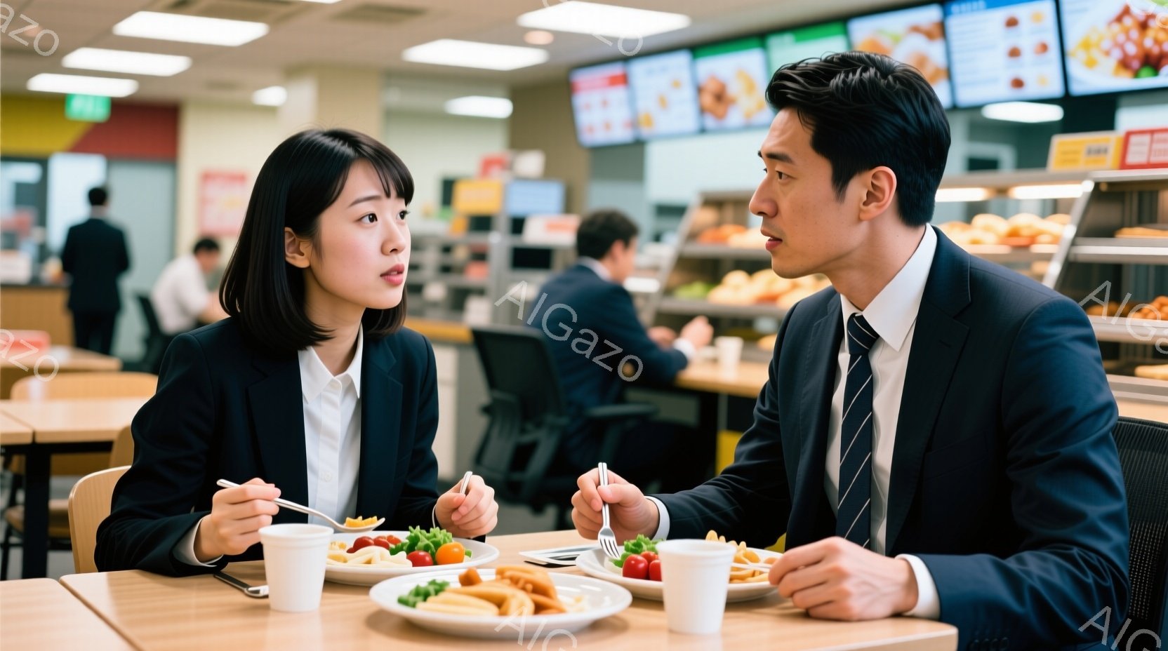 紺色のスーツを着た男女が、白いプラスチックの椅子に座り、食事をしています。女性は黒髪のショートヘアで、少し驚いた表情で男性を見ています。背景には、他の食事客や食品のメニューが表示された壁があり、明るい照明の下で、ビジネスランチのような、カジュアルな雰囲気です。