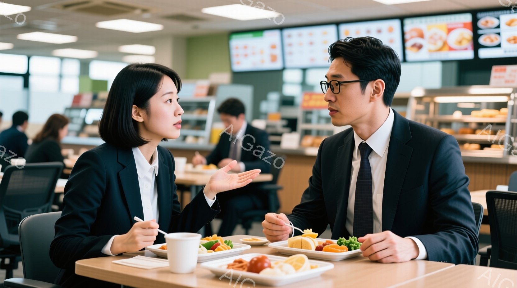 ビジネススーツを着た男女がレストランで食事をしながら会話しています。女性は黒髪で、何かを説明するように手を広げています。背景には、他の客やカウンター、メニューが表示されたデジタルサイネージが見え、明るく清潔な雰囲気です。