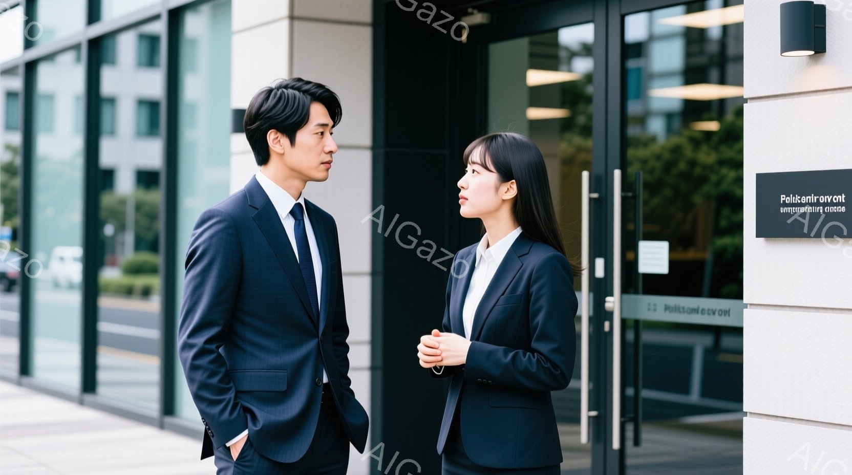 ビジネススーツを着た男女が写っています。男性は紺色のスーツにネクタイを締め、片手をポケットに入れています。女性は同じく紺色のスーツに、両手を前に組んで立っており、やや緊張した表情をしています。 - AI生成フリー素材