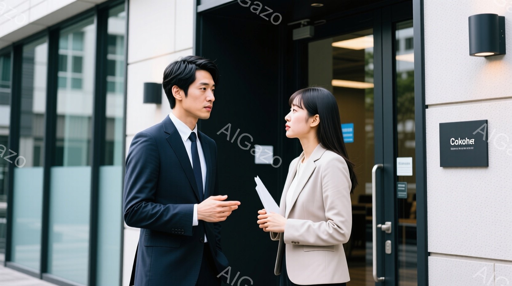 ビジネススーツを着た男女が写っています。男性は紺色のスーツで、片手を広げて何かを説明しているようです。女性はベージュのスーツを着て書類を持っており、男性の方を見て少し微笑んでいます。