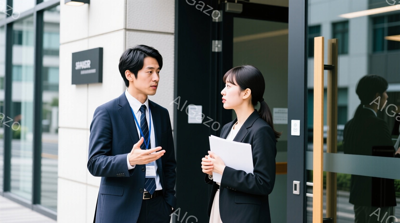 スーツを着た若い男性と女性が建物の入り口付近で会話しています。男性はネクタイを締め、片手を挙げて説明しているような仕草をしており、女性は書類を手に持ち、少し緊張した表情をしています。背景にはガラス張り - AI生成フリー素材