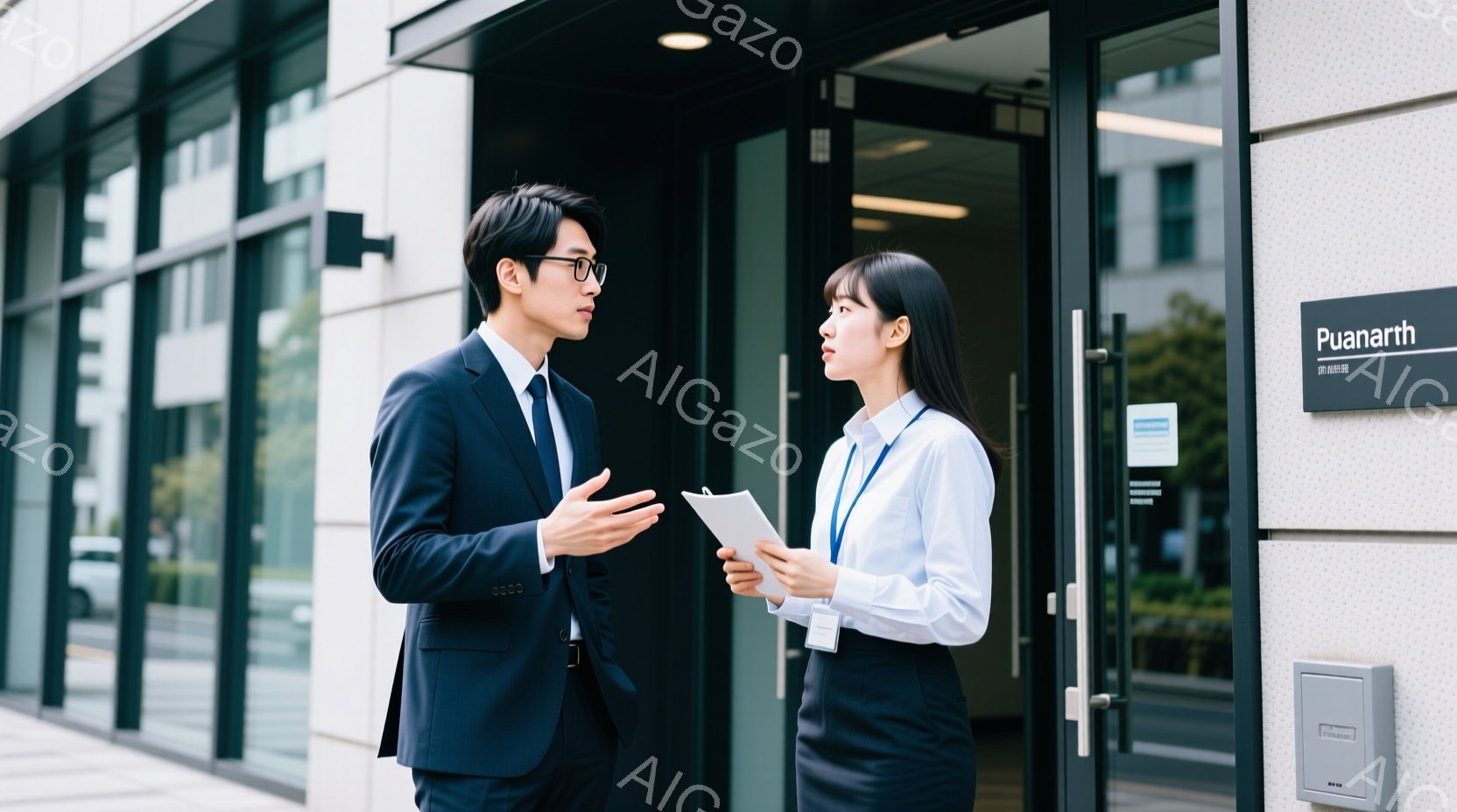 スーツを着た男性と女性が、ガラス張りの建物の入り口前で会話しています。男性は片手を広げながら何かを説明しているようで、女性は書類を手に、やや真剣な表情で彼を見つめています。背景には緑豊かな木々が見え、 - AI生成フリー素材