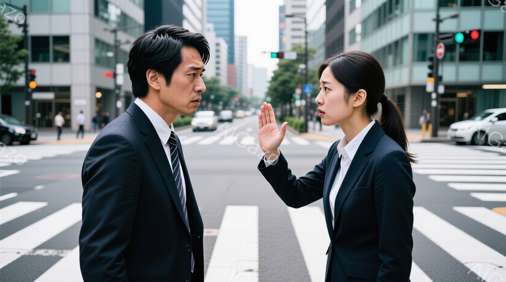 スーツを着た男性と女性が、横断歩道上で向かい合って立っている。男性は少し不満そうな表情で女性を見つめており、女性は手を挙げて何かを制止しているような仕草をしている。背景には高層ビルが立ち並び、晴天の下、都会の喧騒が感じられる。