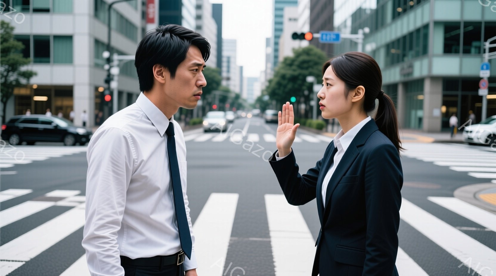 横断歩道に立つ男女が写っている。男性は白いシャツに黒いズボン、ネクタイを締めており、少し下を向いている。女性は黒いスーツを着て髪を後ろでまとめ、片手を上げて男性に何かを訴えているように見える。