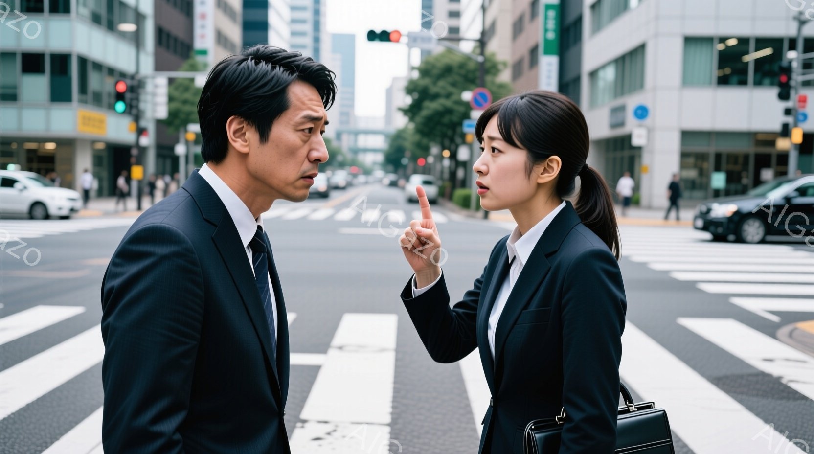 都市の交差点で起こっている人々とのコミュニケーションを描いたものです。中心に立つ男性は顔を尖らせ、女性に対して手を挙げ、話しかけています。女性は手を腹に当て、口を開き、対話を進めようとしています。両者は正式なビジネススーツで、それぞれの状況や雰囲気が描かれています。周囲には市街地の建物と車が見られ、背景には交通信号があります。