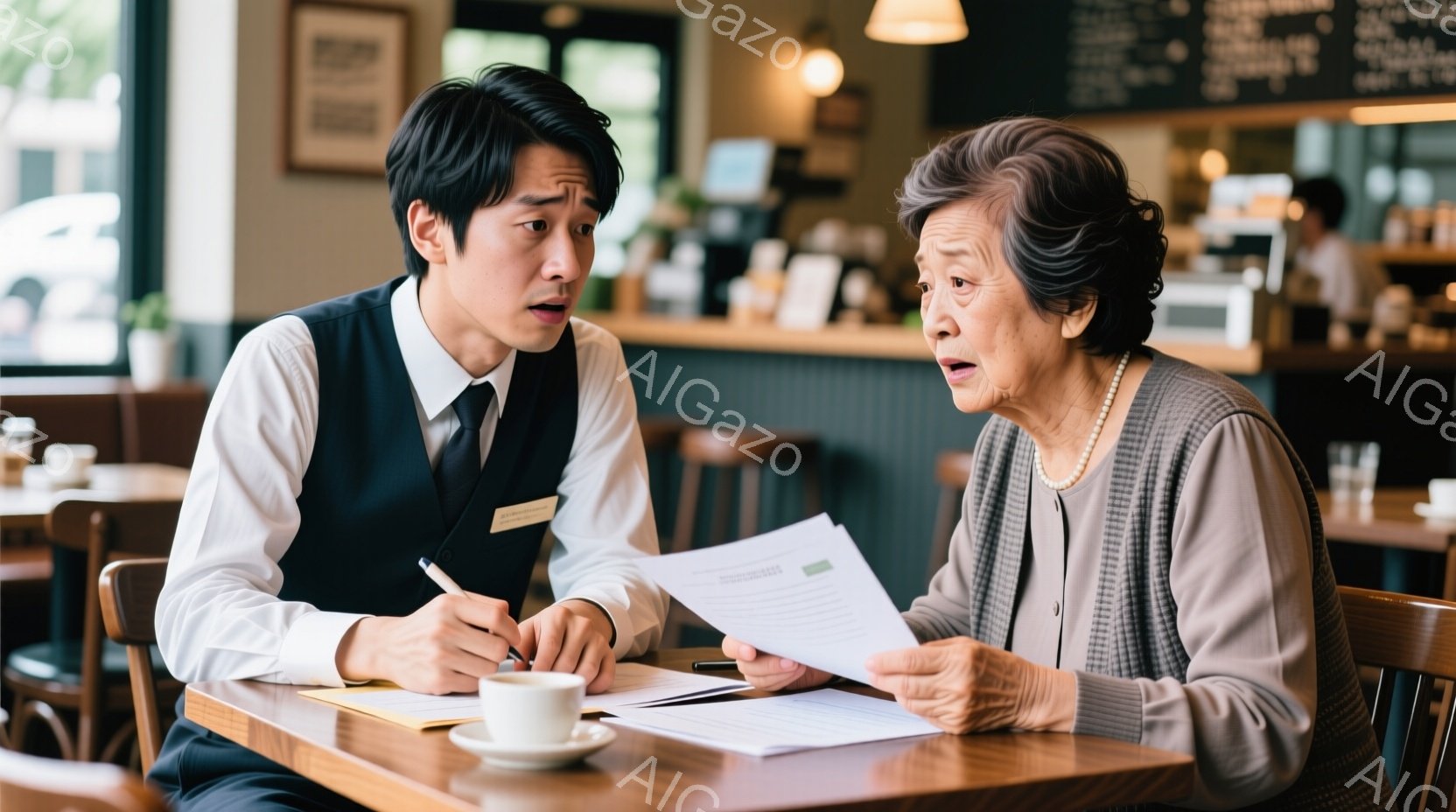 一人の若い男性が、書類にペンで書き込みながら、驚いた表情で年配の女性を見ている。女性はグレーのカーディガンを着ており、書類を前にして口を開けて驚いている様子だ。背景にはカフェのカウンターと他の客が見え、明るく温かい雰囲気である。