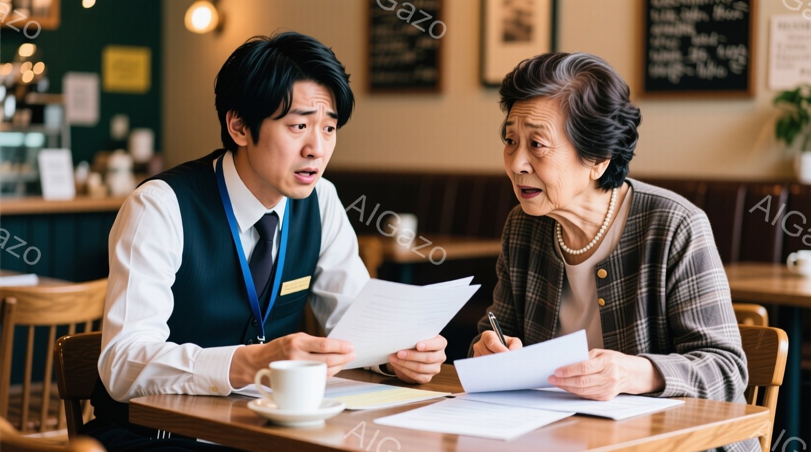 カフェで書類を見ている若い男性と高齢の女性が写っています。男性はネイビーのベストと白シャツを着ており、やや驚いた表情をしています。女性はグレーのカーディガンを着て真剣な面持ちで書類を見ながらペンを持っ - AI生成フリー素材