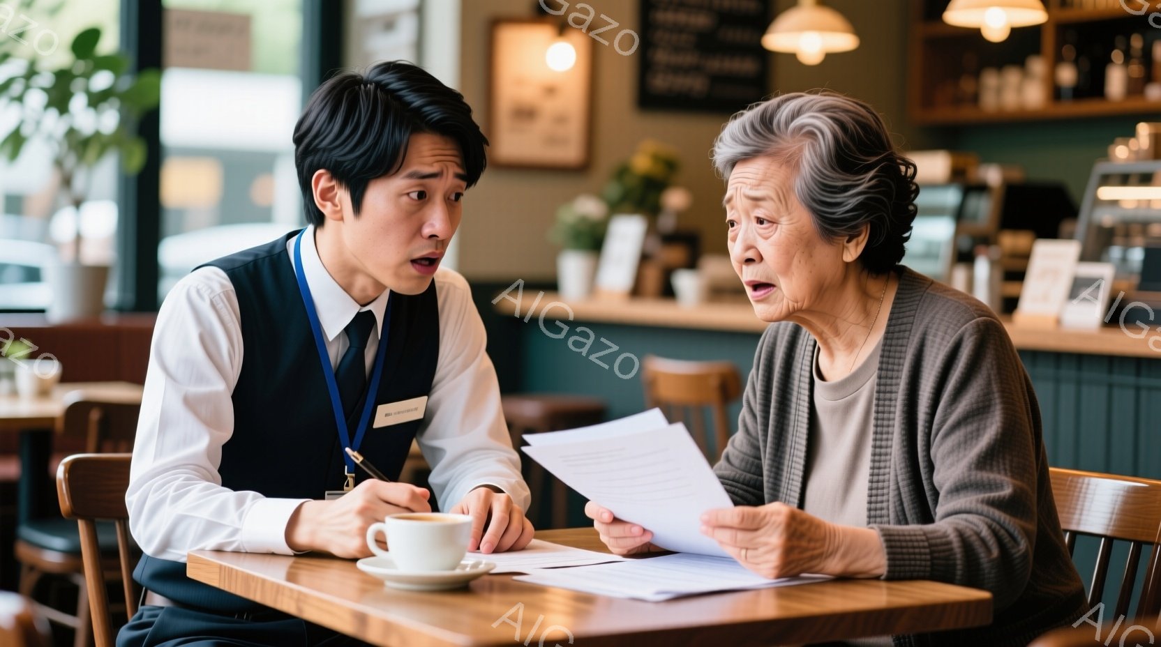 椅子に座っている若い男性と高齢の女性が写っています。男性はネイビーのベストと白いシャツを着ており、驚いた表情で何かを説明しているようです。女性はグレーのセーターを着ており、何かを読んでいる途中で、非常に驚いた表情をしています。