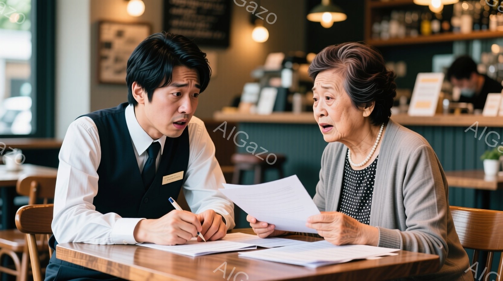 若い男性店員は、白いシャツに黒いベスト姿で、書類に何かを書き込んでいる。彼は驚いた表情で、書類を見ている年配の女性を見つめている。背景には、木製のテーブルと椅子、そしてぼやけたバーカウンターがあり、カフェのような暖かい雰囲気である。