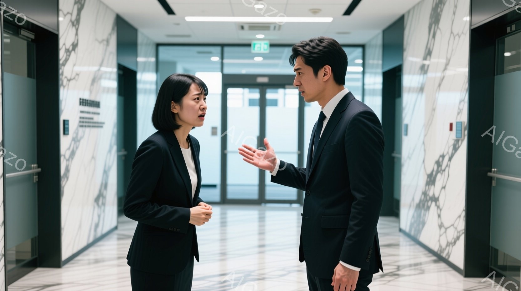 廊下で向かい合って話している男女が写っています。女性は黒いスーツを着ており、短い黒髪で、やや驚いた表情をしています。男性も黒いスーツを着ており、手を広げて何かを説明しているようで、やや真剣な表情です。 - AI生成フリー素材