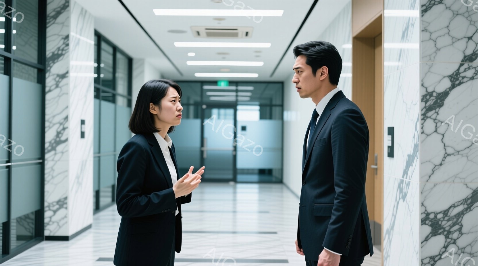 廊下で向き合って立つ男女が写っています。女性は黒いスーツを着て髪を短く切り揃え、何かを説明するかのように手を広げています。男性は黒いスーツを着ており、やや固い表情で女性の方を向いています。 - AI生成フリー素材