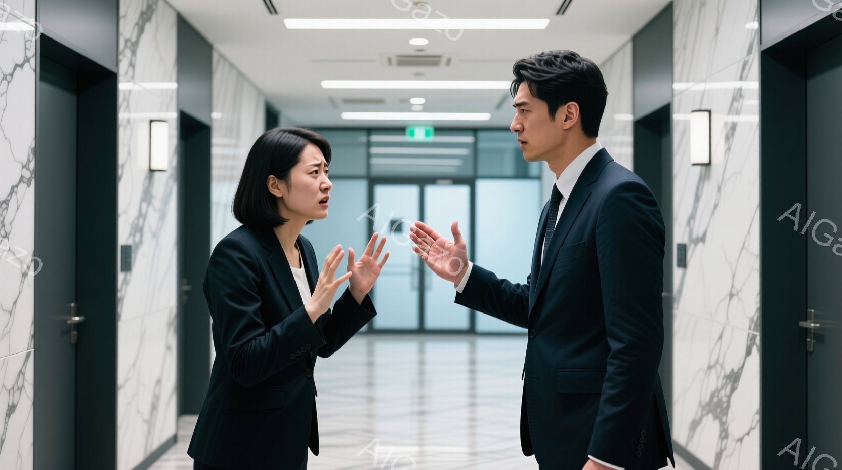 ビジネススーツを着た女性と男性が、白い大理石調の廊下で向かい合っています。女性は両手を広げて何かを制止しようとしているような仕草で、やや驚いた表情をしています。男性は片手を挙げて何かを説明しているよう - AI生成フリー素材