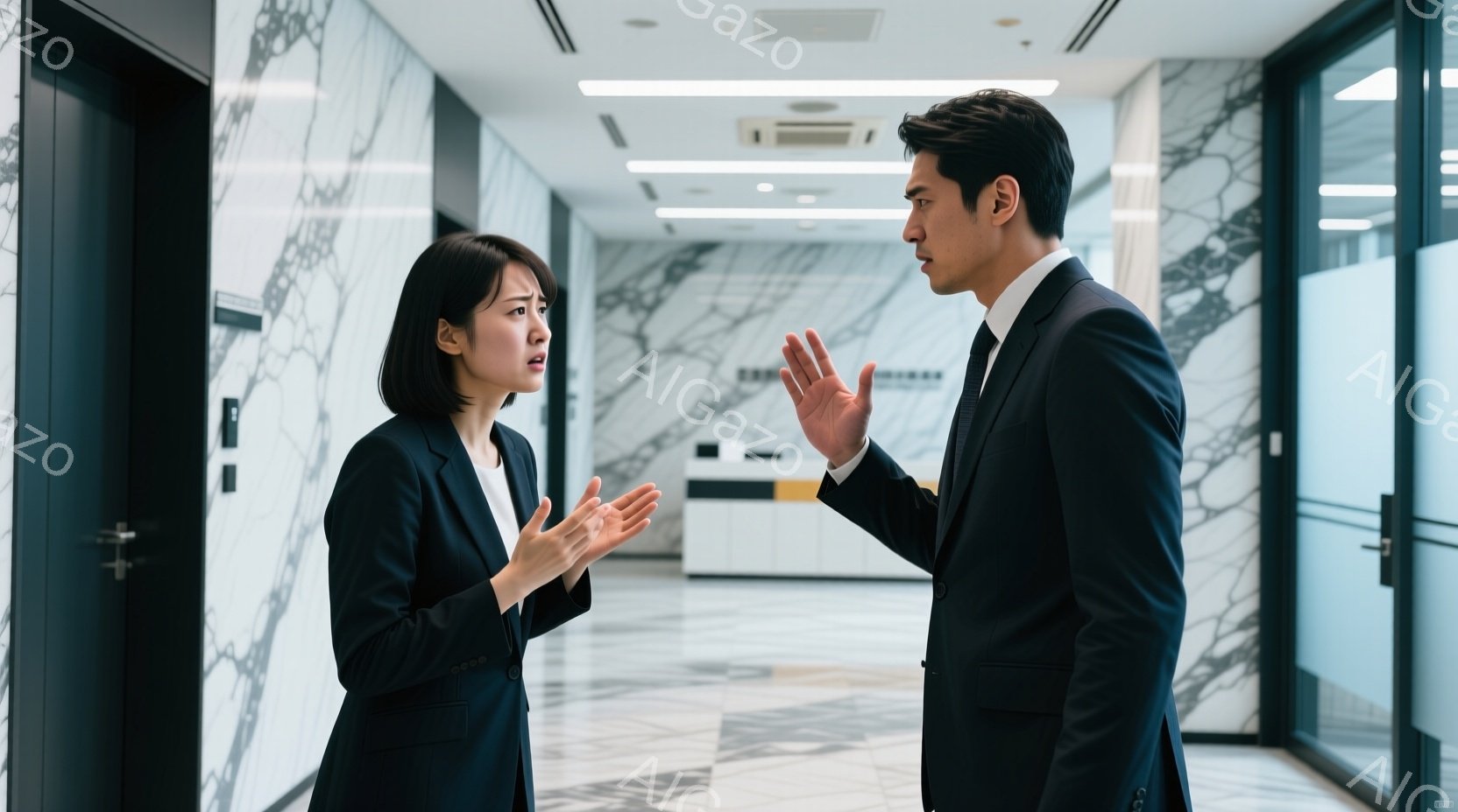 ビジネススーツを着た若い女性と男性が立っています。女性は少し困った表情で両手を広げ、男性は片手を上げて何かを制止しているようなポーズをしています。背景は、大理石調の壁と受付カウンターがある近代的なオフィスロビーで、全体的に緊迫した雰囲気です。
