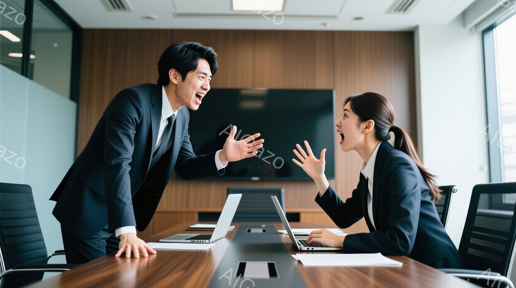 ビジネススーツを着た男女が会議室のテーブルを挟んで向かい合っており、激しく口論している様子が伺えます。男性は片手を上げて興奮した表情で何かを主張しており、女性も同様に手を広げ、強い口調で応じているよう - AI生成フリー素材