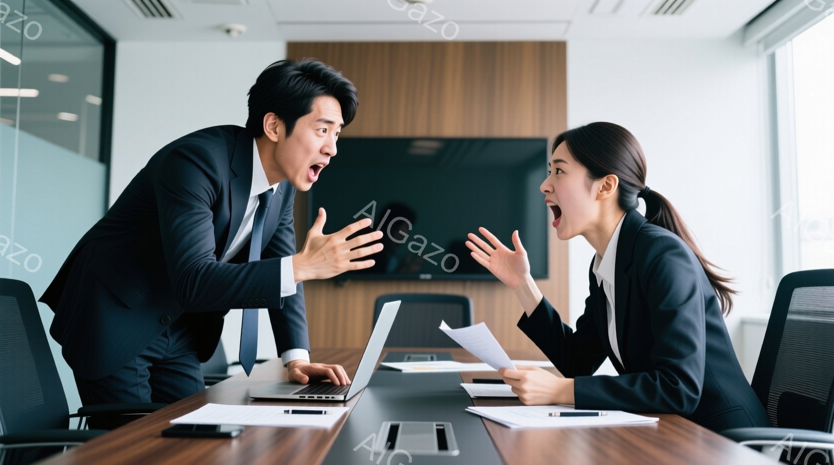 ビジネススーツを着た男性と女性が会議テーブルを挟んで激しく言い争っている様子が写っている。男性は前かがみになり、片手を広げて口を大きく開けて叫んでおり、女性も同じように叫びながら書類を手にしている。背景には会議室の白い壁と、いくつかのオフィスチェアが見え、緊迫した雰囲気を感じさせる。