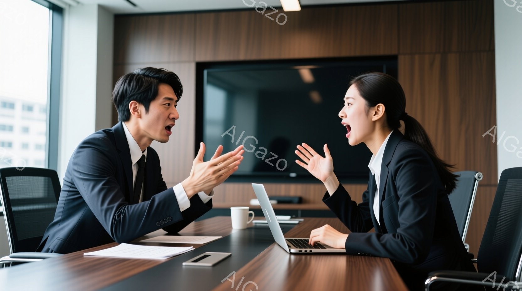 室内で、スーツを着た男性と女性が机を挟んで向かい合って激しく議論している様子が写っている。男性は黒髪で、顔をしかめて片手を上げており、女性も黒髪を後ろでまとめ、口を開けて激しい表情で何かを訴えている。 - AI生成フリー素材