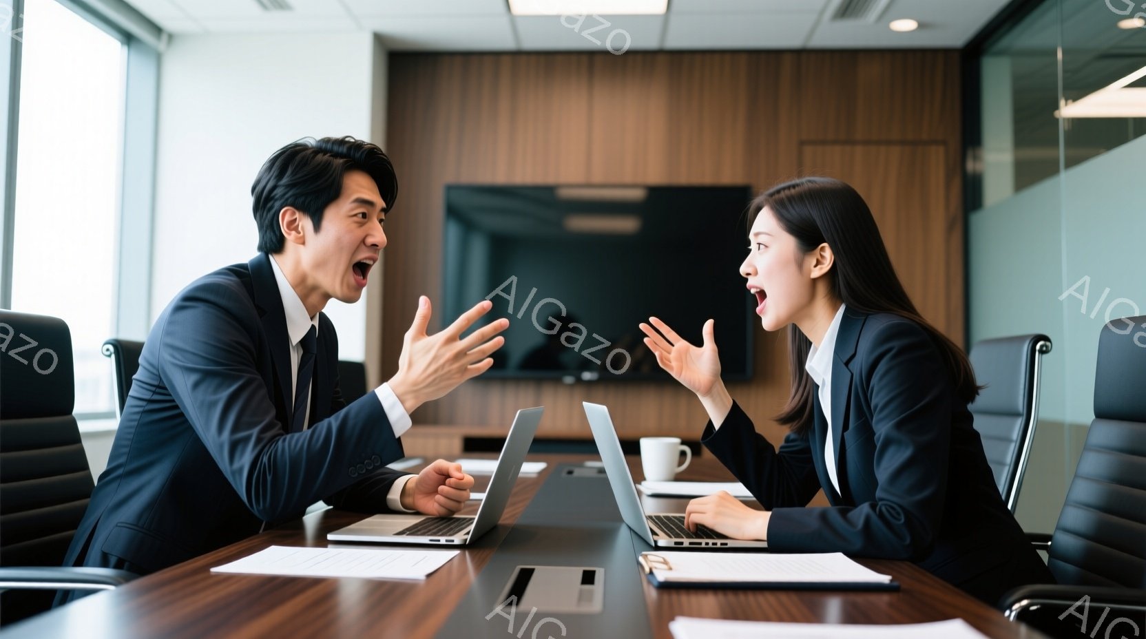 ビジネススーツを着た男性と女性が、会議室のテーブルを挟んで互いに向かい合い、激しく口論している様子がうかがえる。二人は両手を広げ、表情も険しく、強い感情を露わにしている。背景には大きな窓があり、オフィス内の他のスペースが見えるが、焦点は二人の対立に集中しており、緊迫した雰囲気が漂う。