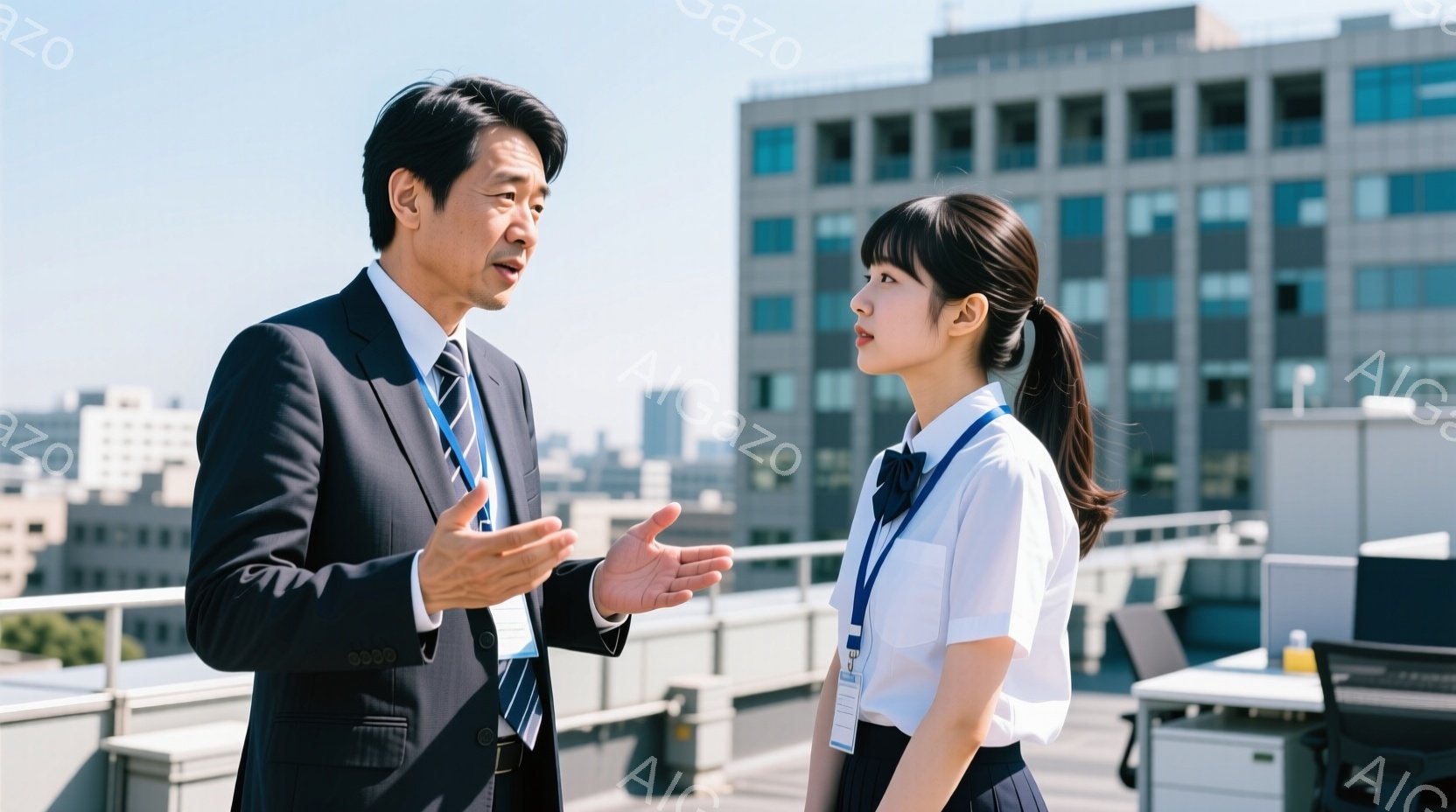 屋上らしき場所で、一人の男性と女性が立っている。男性は紺色のスーツに青いネクタイを締め、片手を広げて何かを説明している様子で、少し真剣な表情をしている。女性は制服を着ており、長い髪を後ろで一つに結んで - AI生成フリー素材