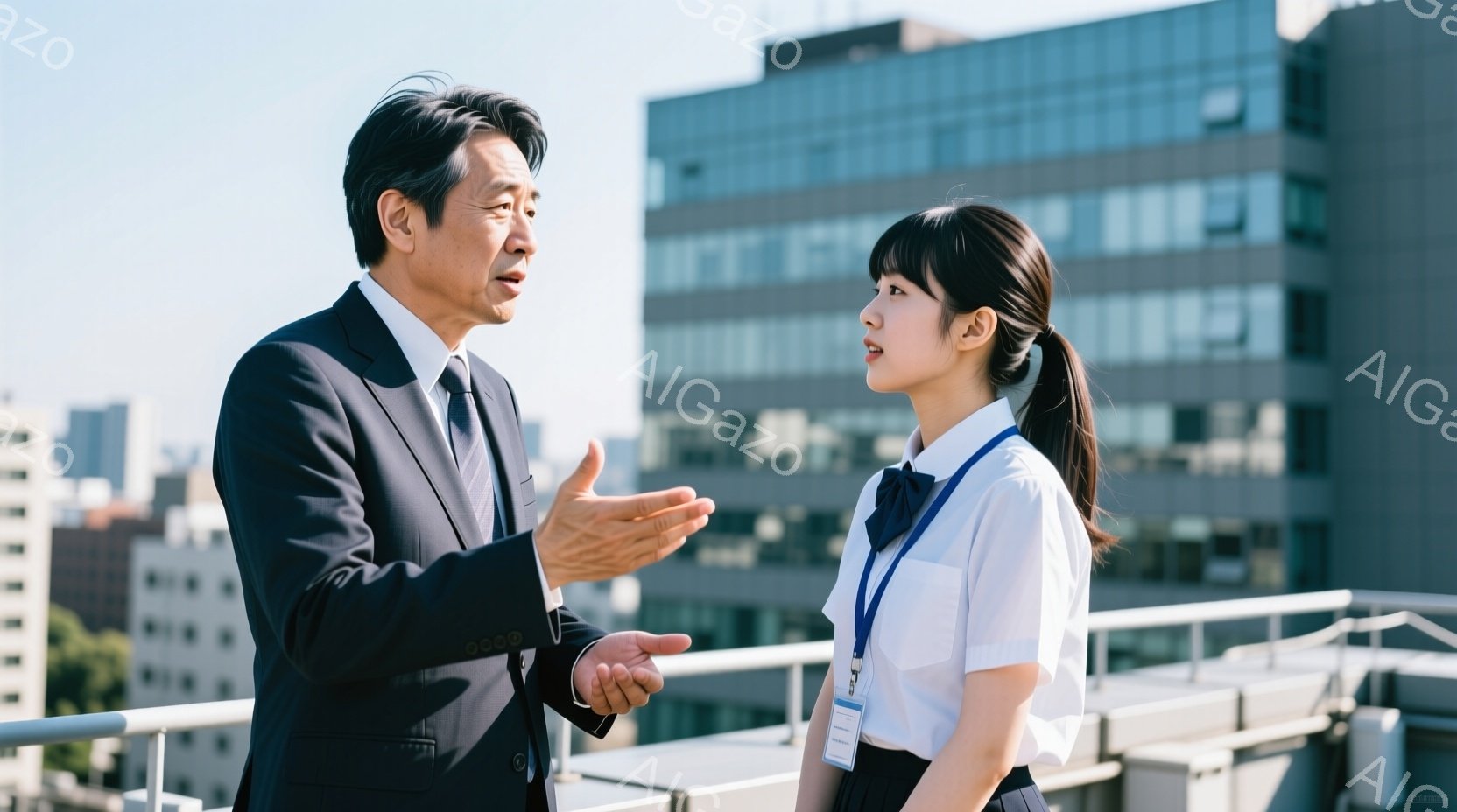 屋上にて、一人の男性と女性が向かい合って立っている。男性は黒いスーツにネクタイを締め、ジェスチャーを交えながら話している様子で、表情は真剣だ。女性は制服姿で、首から身につけたIDカードが目立ち、少し緊 - AI生成フリー素材