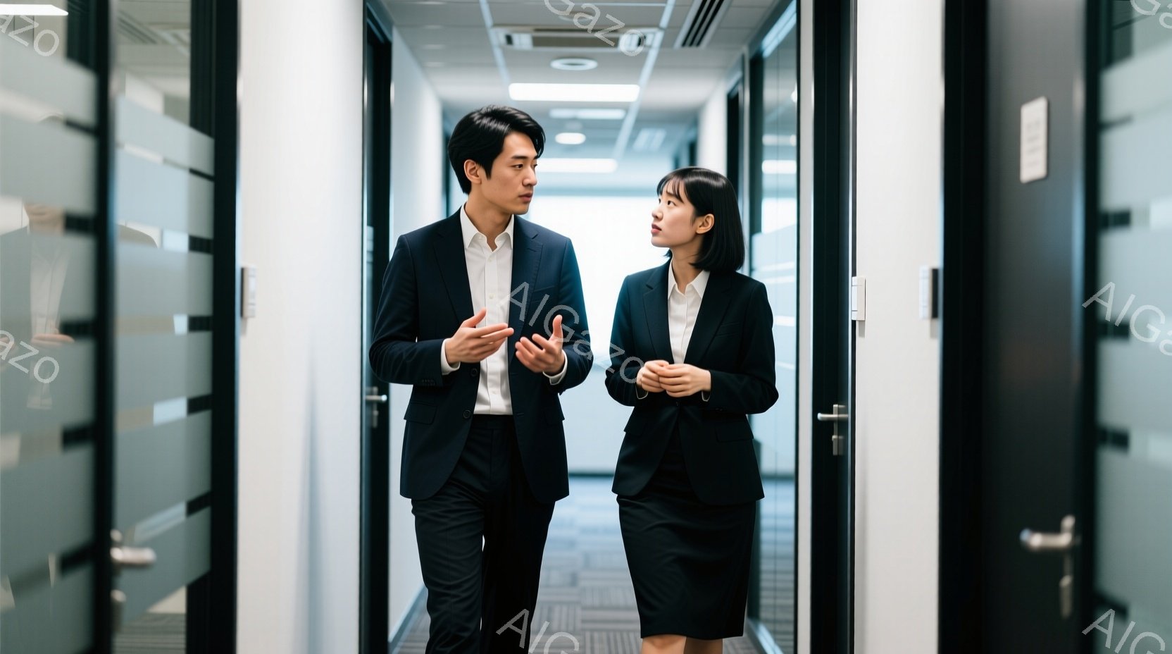 ビジネススーツを着た若い男性と女性が、オフィス内の廊下を歩きながら会話しています。男性はジャケットを着用し、片手を広げて説明しているようなジェスチャーをしています。女性は黒いスカートスーツに身を包み、腕組みをして男性の話に耳を傾けているようです。
