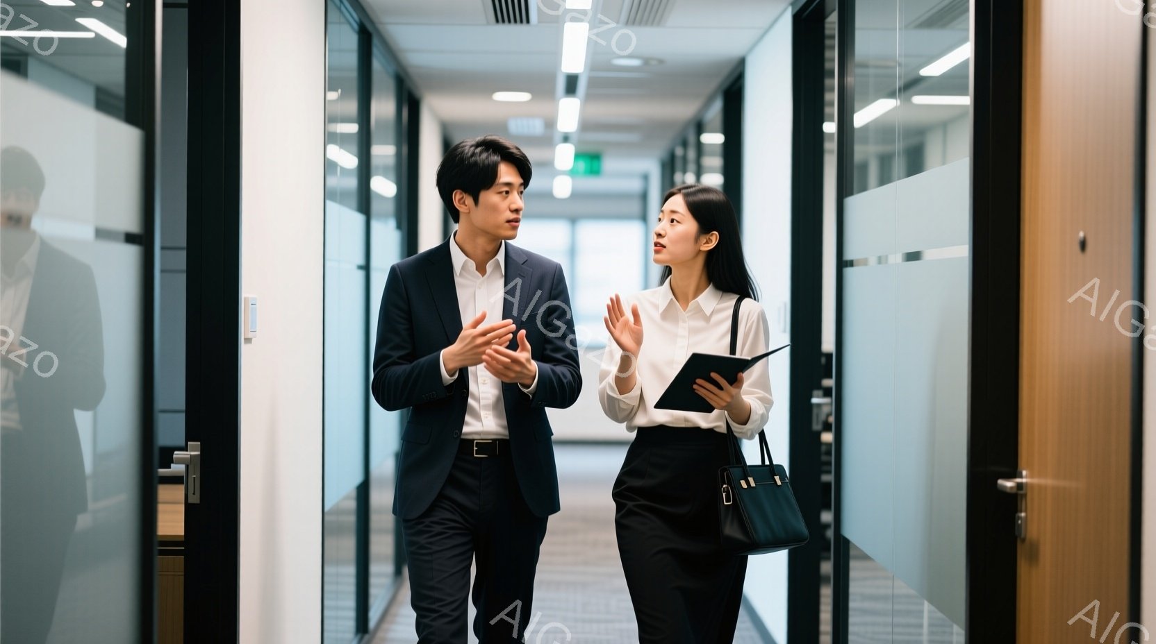 ビジネスウーマンとビジネスマンがオフィス内の廊下を歩いています。ビジネスマンは紺色のスーツを着ており、手を組んで何かを説明しているようです。ビジネスウーマンは白いブラウスと黒いスカートを着用し、タブレットを持って何かを話し合っているような表情をしています。