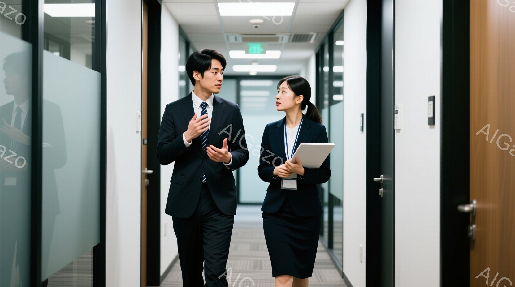 スーツを着た男性と女性が、オフィスビルの廊下を歩いている。男性は話しながら身振り手振りを交えて説明し、女性はクリップボードを持ちながら、彼の説明に耳を傾けている。廊下は明るく、モダンなデザインで、オフィス内の日常的なシーンを切り取っている。