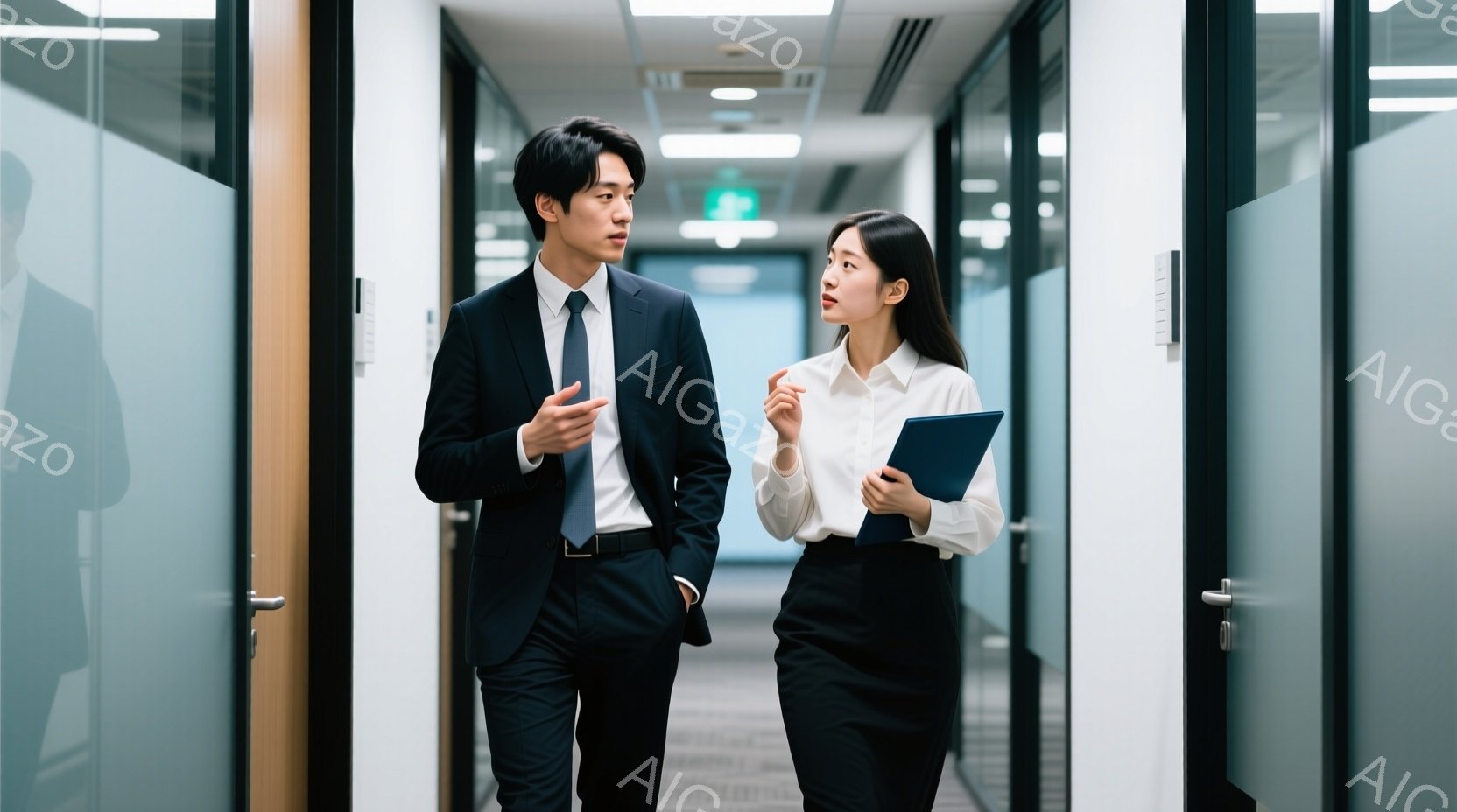 ビジネスマンとビジネスウーマンがオフィス内の廊下を並んで歩いている。男性は紺色のスーツにネクタイ、女性は白いブラウスに黒いスカートという装いで、活発に会話をしている様子が伺える。背景は白を基調とした清潔感のあるオフィス空間で、両側にガラス張りの部屋が並び、全体的に明るくプロフェッショナルな雰囲気を醸し出している。