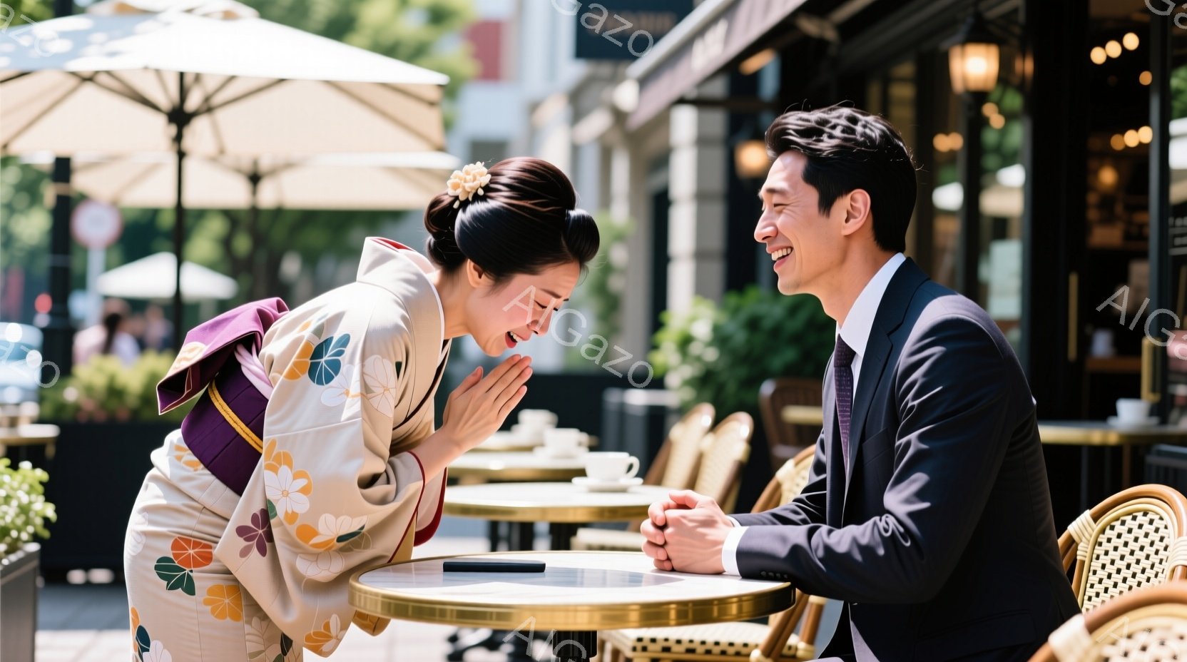 女性はクリーム色の着物に紫色の帯を締めており、手を合わせて微笑んでいます。男性は黒いスーツを着用し、テーブルを挟んで女性を見つめ、穏やかに微笑んでいます。背景にはカフェのテラス席が並び、晴れた空の下、 - AI生成フリー素材