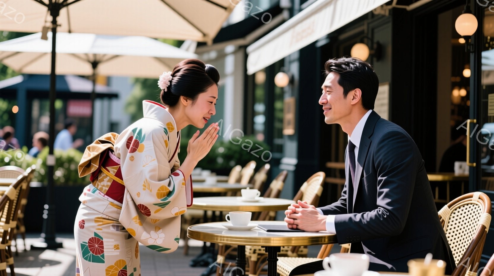 女性は鮮やかな花柄の着物を着て、両手を合わせて挨拶をしています。男性はダークスーツを着用し、テーブルを挟んで女性と向き合い、穏やかな笑顔を浮かべています。背景にはカフェのテラス席が並び、緑豊かな木々と晴天の空が広がっており、上品で温かい雰囲気が漂っています。