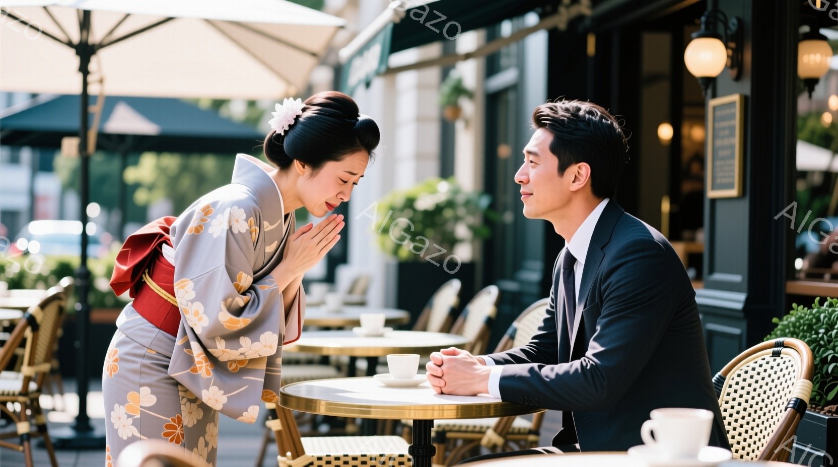 白い花柄の着物を着た女性が、恭しくお辞儀をしており、髪はまとめ上げ、飾りを付けている。対面には、黒いスーツ姿の男性がテーブルに座り、両手を重ねて女性を見つめている。背景にはカフェのテラス席が並び、緑の植物や晴天の下、都会の風景が広がっている。