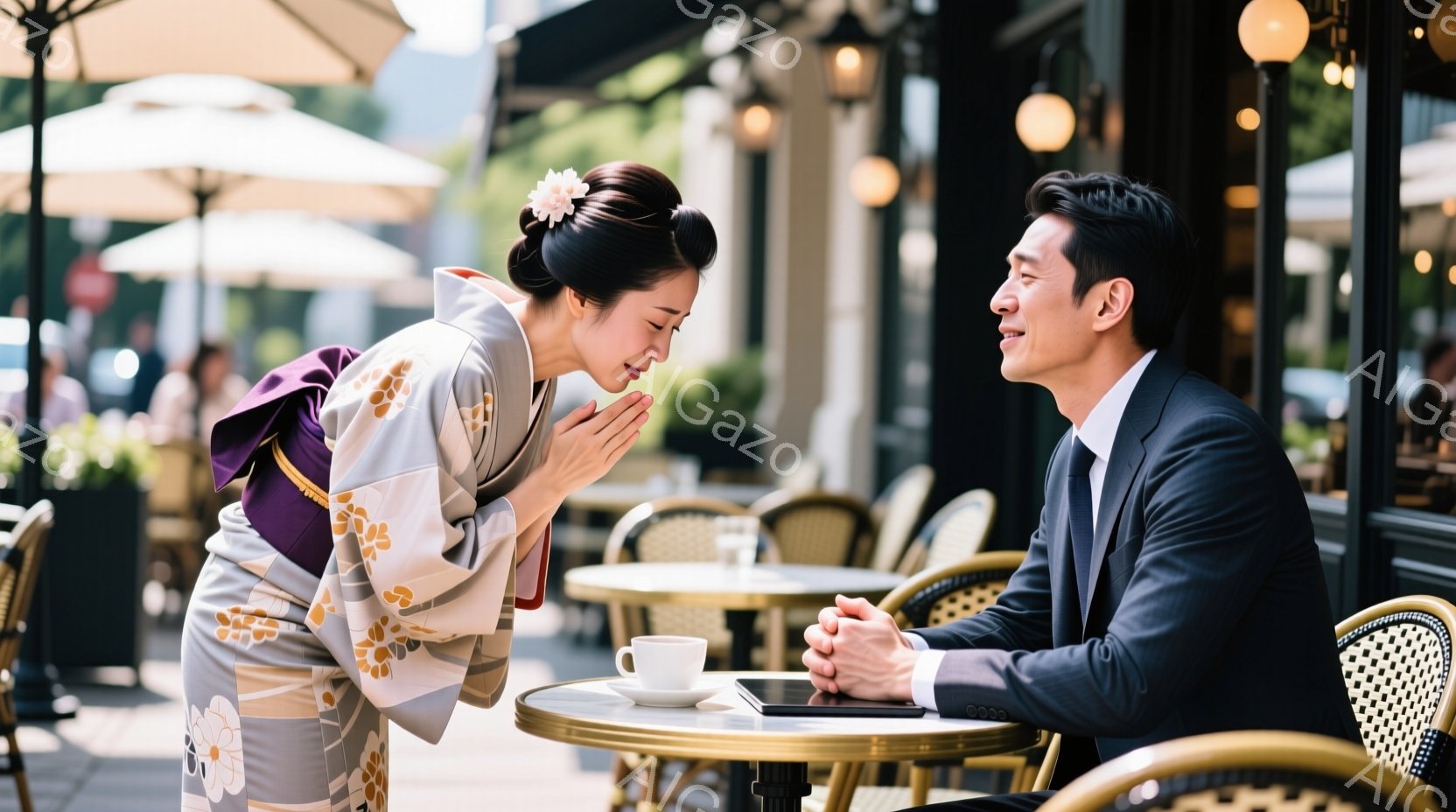 着物を着た女性が、テーブルを挟んで向かいに座る男性に対して深々と頭を下げています。男性はダークスーツ姿で、テーブルに置かれたタブレットを見ながら、女性の頭を下げる様子を穏やかな表情で見つめています。背景にはカフェのテラス席が並び、緑の木々と晴天の空が広がっており、上品で落ち着いた雰囲気です。