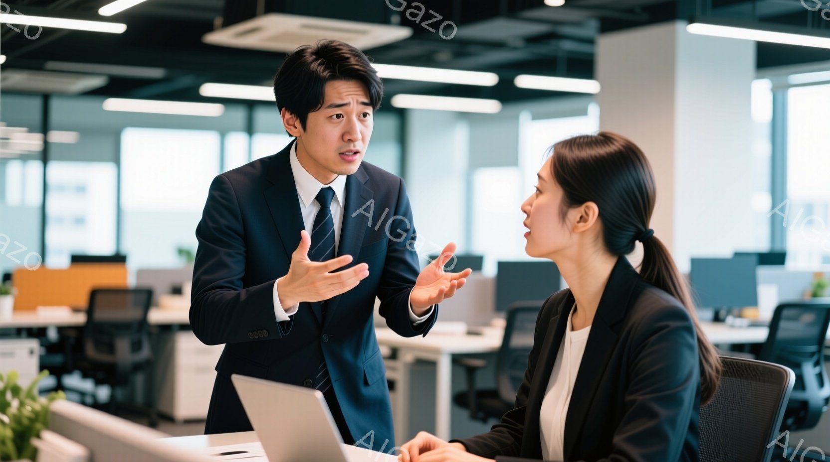 スーツを着た男性が、女性に対して何かを説明している様子で、両手を広げて身振り手振りを交えている。女性は黒いジャケットを着て椅子に座り、少し真剣な表情で男性を見つめている。背景にはオフィスがあり、他のデ - AI生成フリー素材