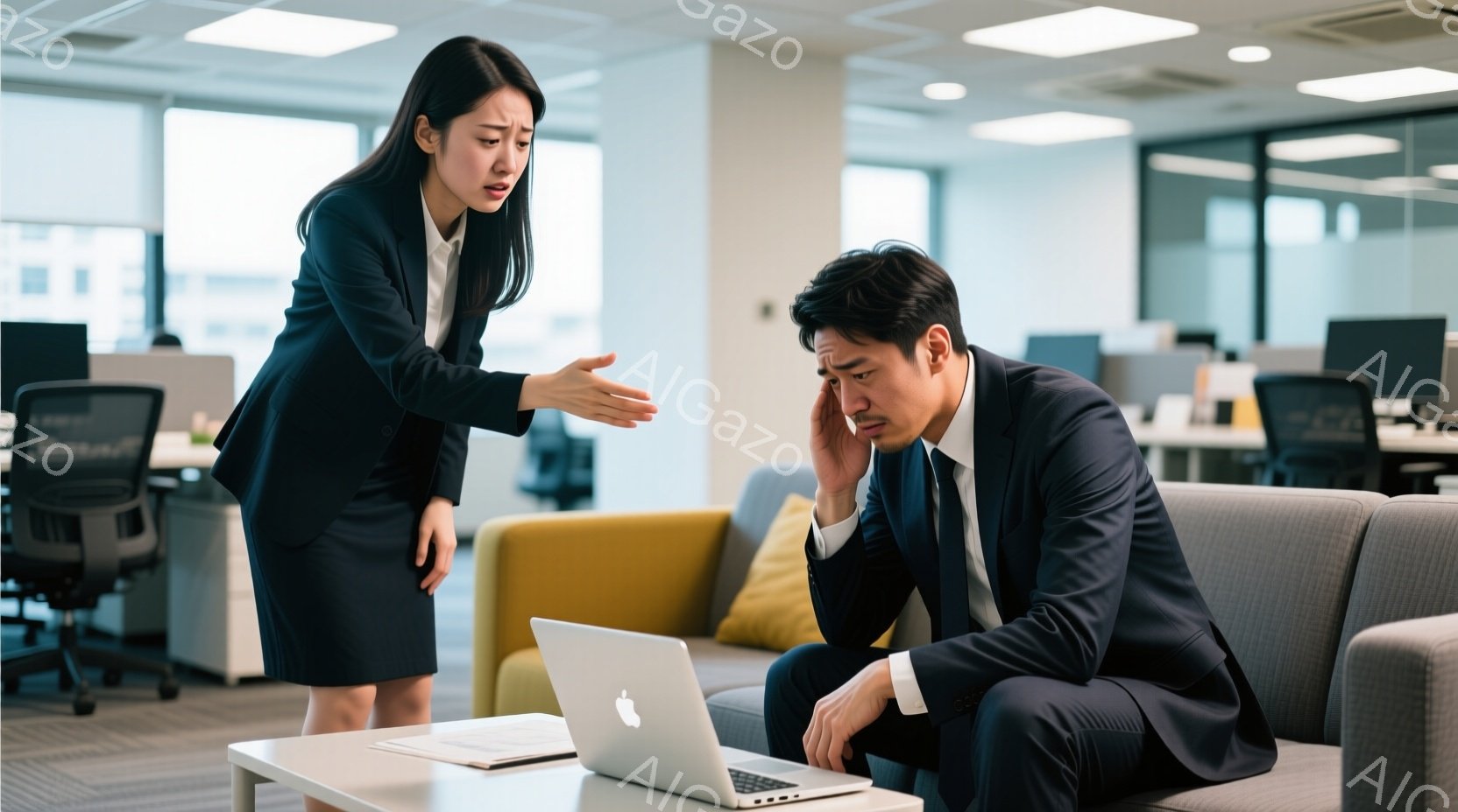ビジネススーツを着た女性が、少し怒った表情で腕を広げ、男性に何かを説明している様子です。男性もビジネススーツ姿で、ソファに座り、片手で額を押さえ、困惑した表情を浮かべています。背景はオフィスで、デスクや椅子が並び、明るい自然光が差し込んでおり、緊張感のある対話の場面が伺えます。