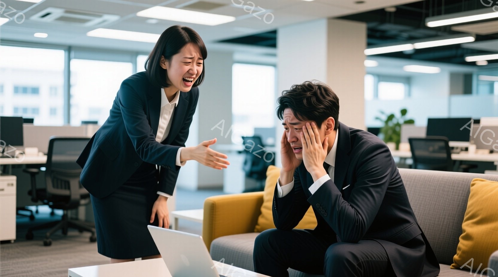 スーツを着た女性が怒った表情で腕を振りかざし、立って何かを訴えている。別のスーツ姿の男性は、ソファーに座り、両手で顔を覆って困惑した様子を見せている。背景にはオフィス内のデスクや自然光が入る大きな窓があり、モダンで明るい雰囲気である。