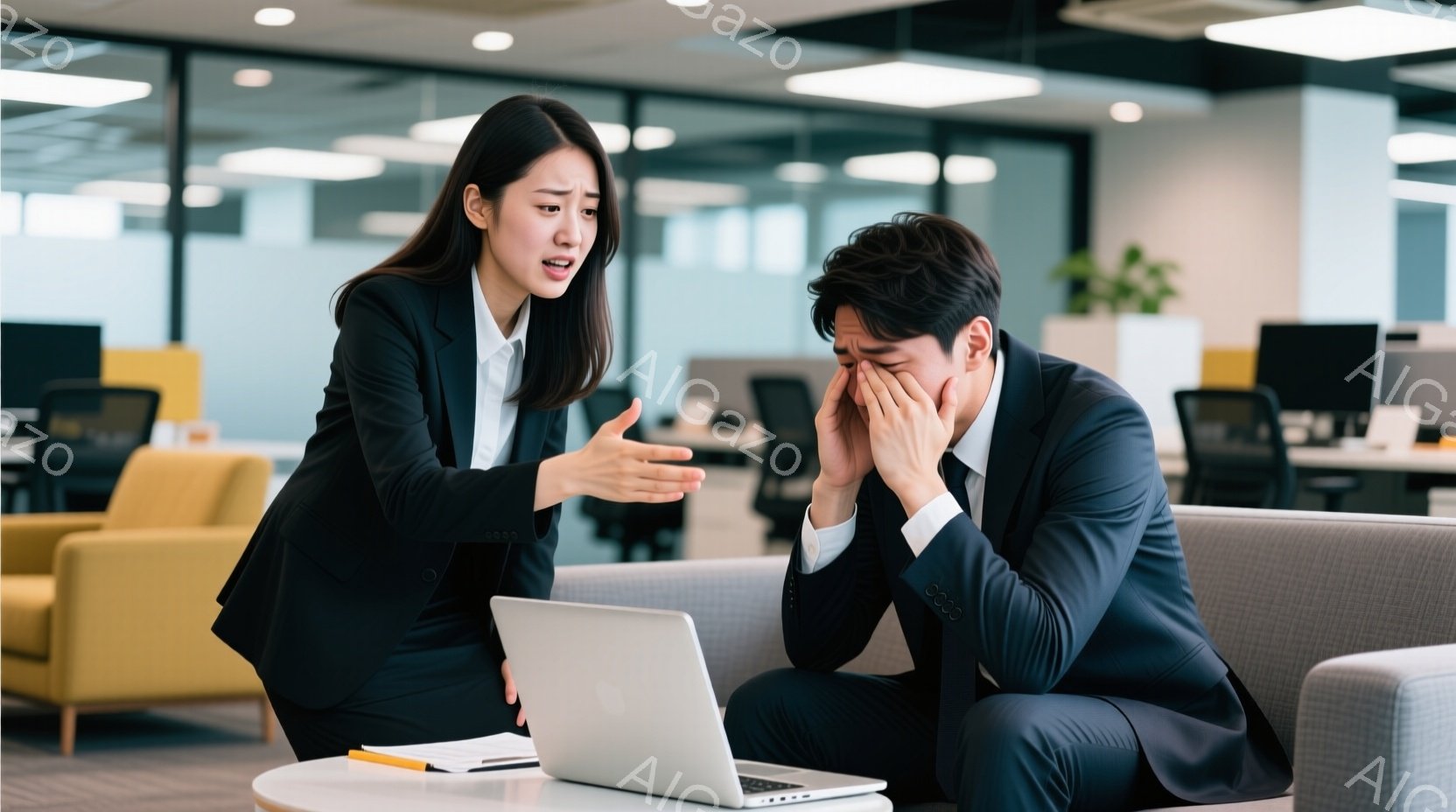 ビジネスマンが悩んでいるとき、同僚が手を挙げ、話す。彼らはオフィス内のカウンターに座っています。