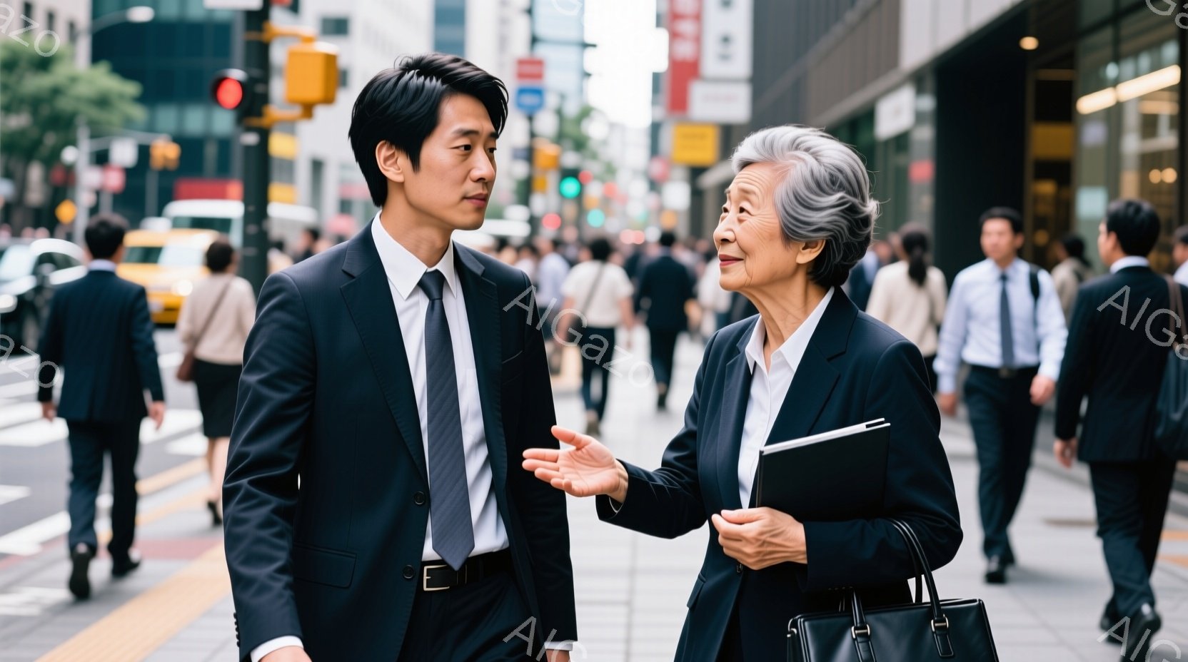 ビジネススーツを着た若い男性と、同じくスーツ姿の白髪の女性が歩道で会話しています。男性は真剣な表情で女性を見つめており、女性は何かを説明するように手を広げています。背景には高層ビルが立ち並び、多くの人が歩いていることから、賑やかな都会の風景であることがわかります。